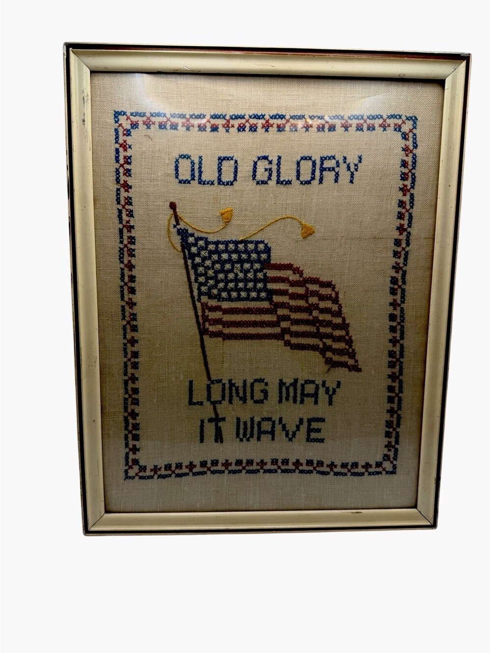 Antique Cross Stitch American Flag Old Glory Framed RARE 11x14”